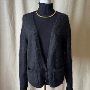 Vintage Worthington Mohair Cardigan Black Fuzzy Knit Sweater M Slouchy Soft